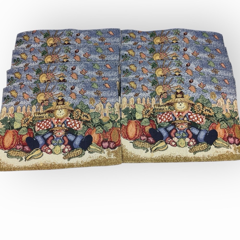 Set of 8 Vintage Fall Tapestry‎ Placemats Happy Harvest Scarecrow Thanksgiving